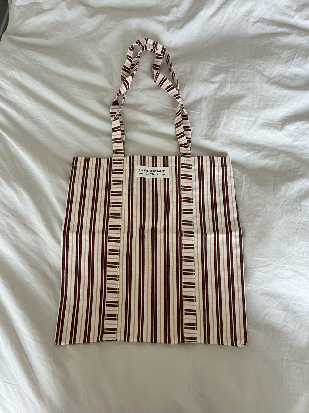Sezane Editions Striped Canvas Tote Bag in Cream and Burgundy